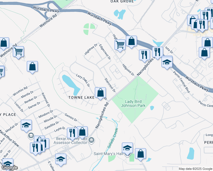 map of restaurants, bars, coffee shops, grocery stores, and more near 10557 Starcrest Drive in San Antonio
