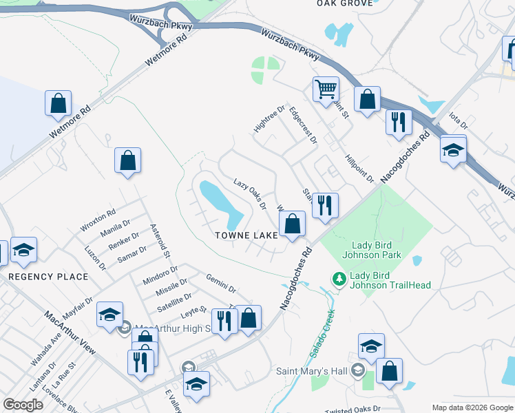 map of restaurants, bars, coffee shops, grocery stores, and more near 10735 Lazy Oaks Drive in San Antonio