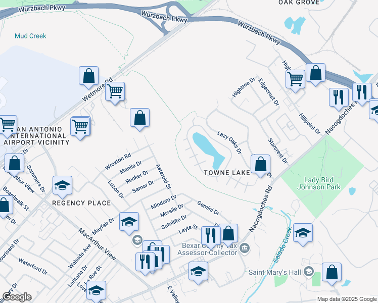 map of restaurants, bars, coffee shops, grocery stores, and more near 3514 Joshua Batton in San Antonio