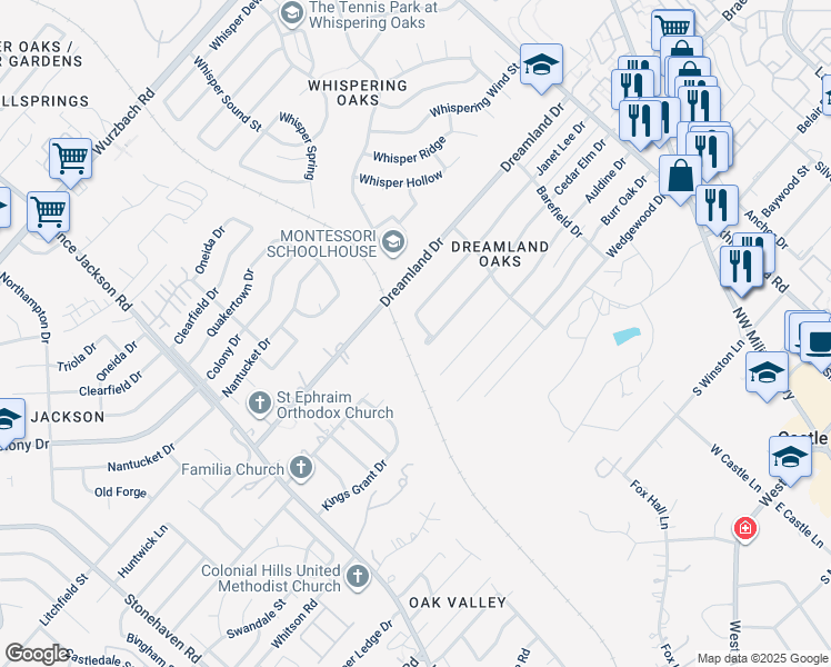 map of restaurants, bars, coffee shops, grocery stores, and more near 10607 Mary Knoll Lane in San Antonio