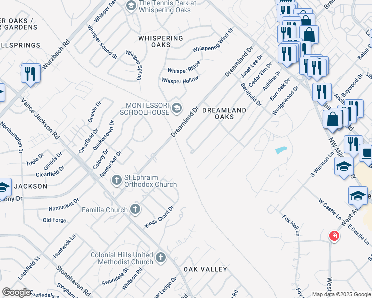 map of restaurants, bars, coffee shops, grocery stores, and more near 10607 Mary Knoll Lane in San Antonio