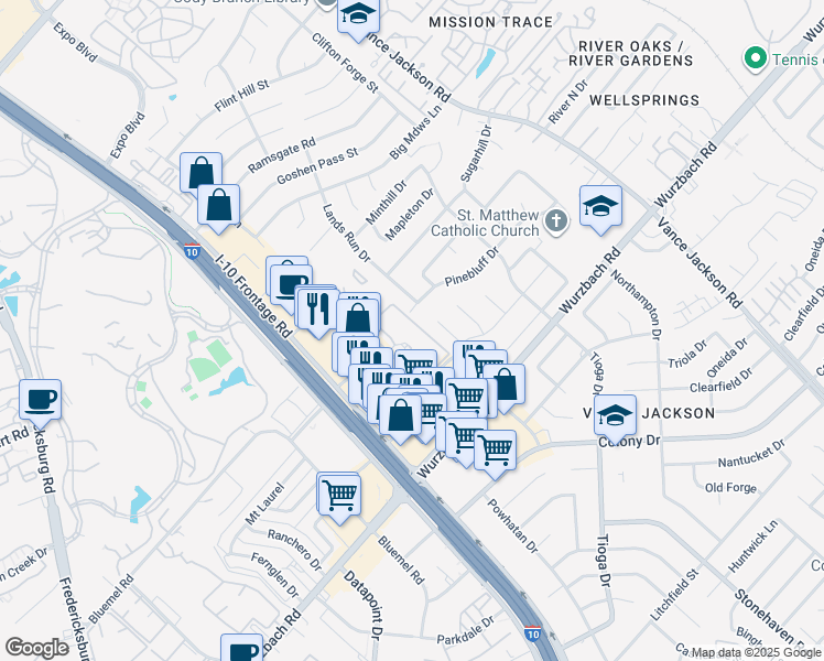 map of restaurants, bars, coffee shops, grocery stores, and more near 9898 Colonnade Boulevard in San Antonio