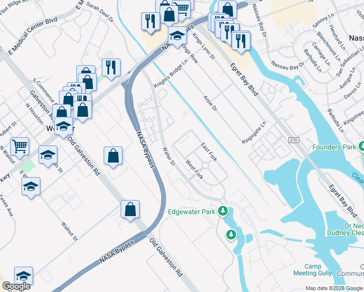 map of restaurants, bars, coffee shops, grocery stores, and more near 619 Aquilla Square in Webster
