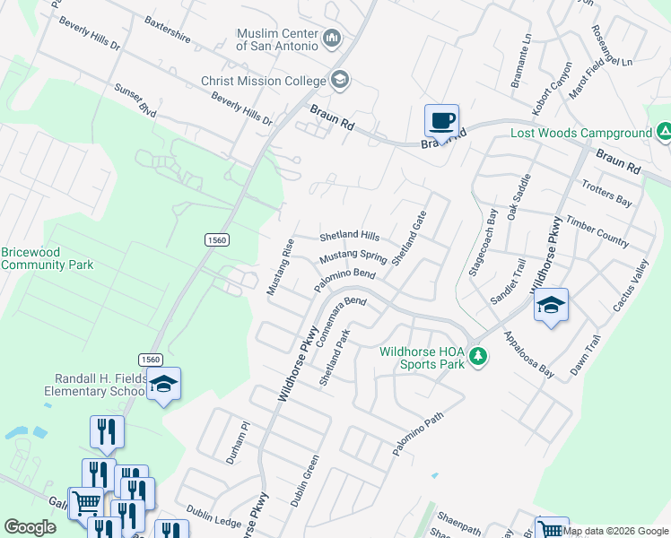 map of restaurants, bars, coffee shops, grocery stores, and more near 11011 Palomino Bend in San Antonio