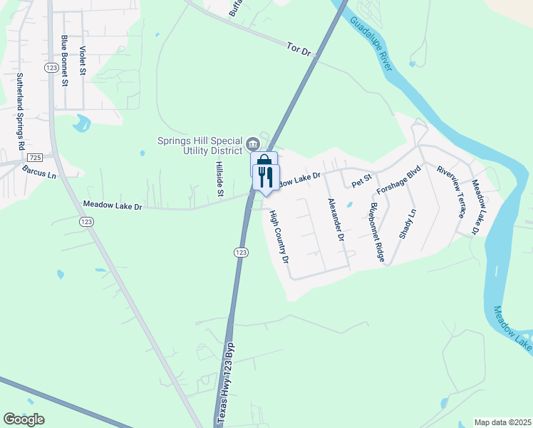 map of restaurants, bars, coffee shops, grocery stores, and more near 100 High Country Drive in Seguin