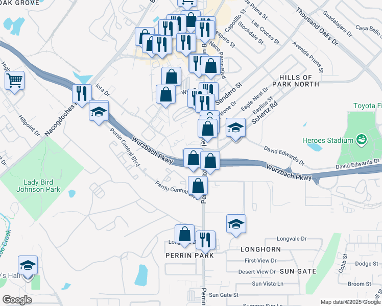 map of restaurants, bars, coffee shops, grocery stores, and more near 10527 Perrin Beitel Road in San Antonio