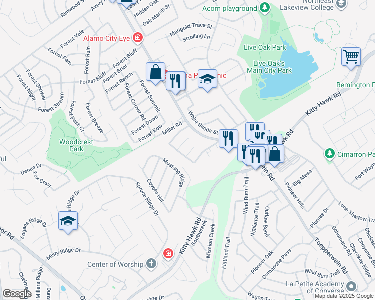 map of restaurants, bars, coffee shops, grocery stores, and more near 7711 Plainsman in Converse