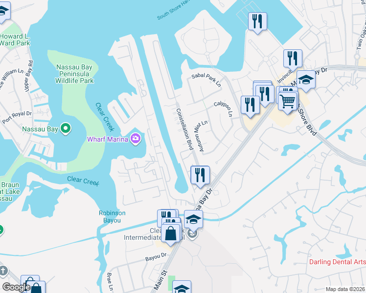 map of restaurants, bars, coffee shops, grocery stores, and more near 505 Constellation Boulevard in League City