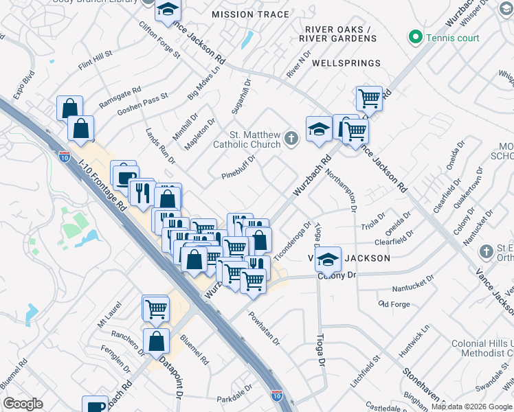 map of restaurants, bars, coffee shops, grocery stores, and more near 10402 Apple Gate Drive in San Antonio