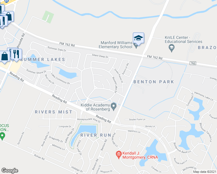 map of restaurants, bars, coffee shops, grocery stores, and more near 339 Summer Landing Court in Rosenberg