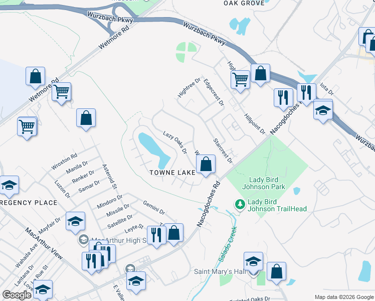 map of restaurants, bars, coffee shops, grocery stores, and more near 10735 Lazy Oaks Drive in San Antonio