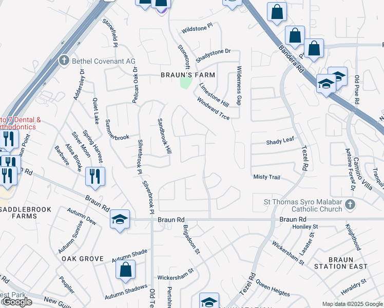 map of restaurants, bars, coffee shops, grocery stores, and more near 7 Cove Creek Drive in San Antonio