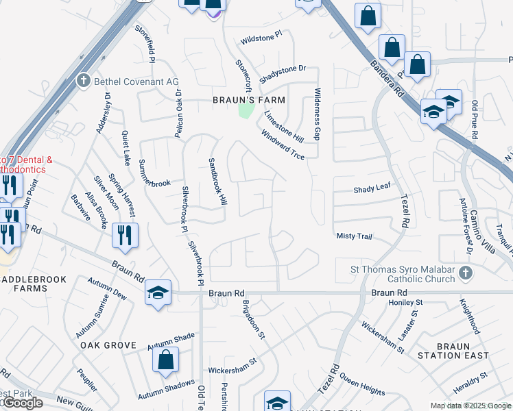 map of restaurants, bars, coffee shops, grocery stores, and more near 7 Cove Creek Drive in San Antonio