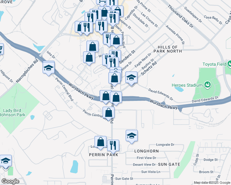 map of restaurants, bars, coffee shops, grocery stores, and more near 10608 Perrin Beitel Road in San Antonio