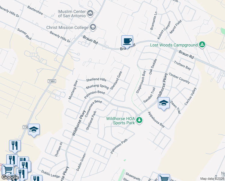 map of restaurants, bars, coffee shops, grocery stores, and more near 10002 Shetland Gate in San Antonio