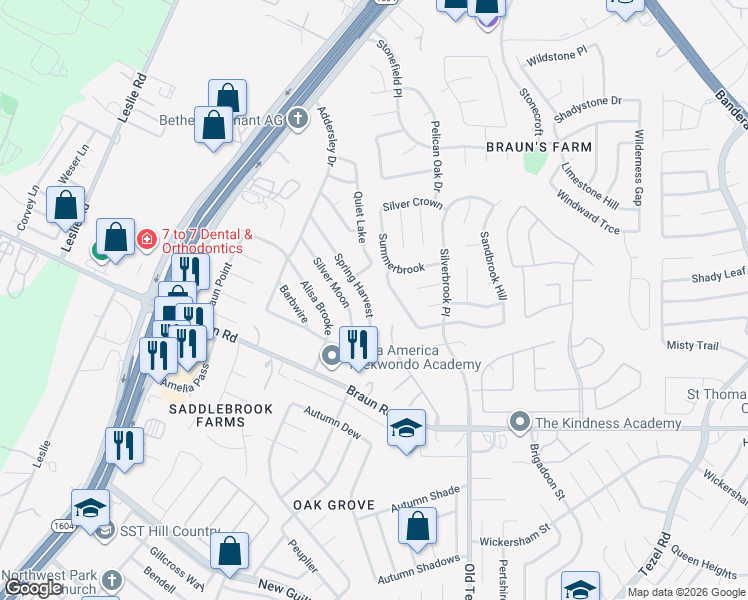 map of restaurants, bars, coffee shops, grocery stores, and more near 9706 Spring Harvest Road in San Antonio