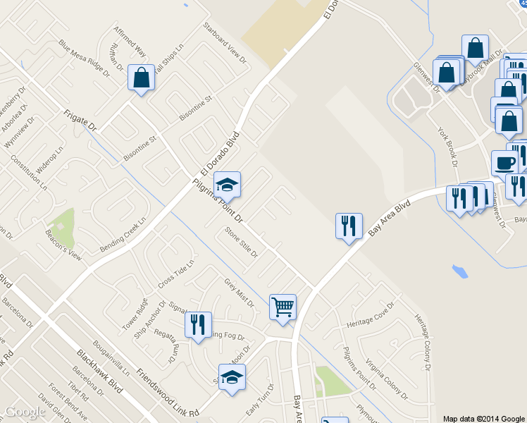 map of restaurants, bars, coffee shops, grocery stores, and more near 2403 Whitman Way Drive in Friendswood