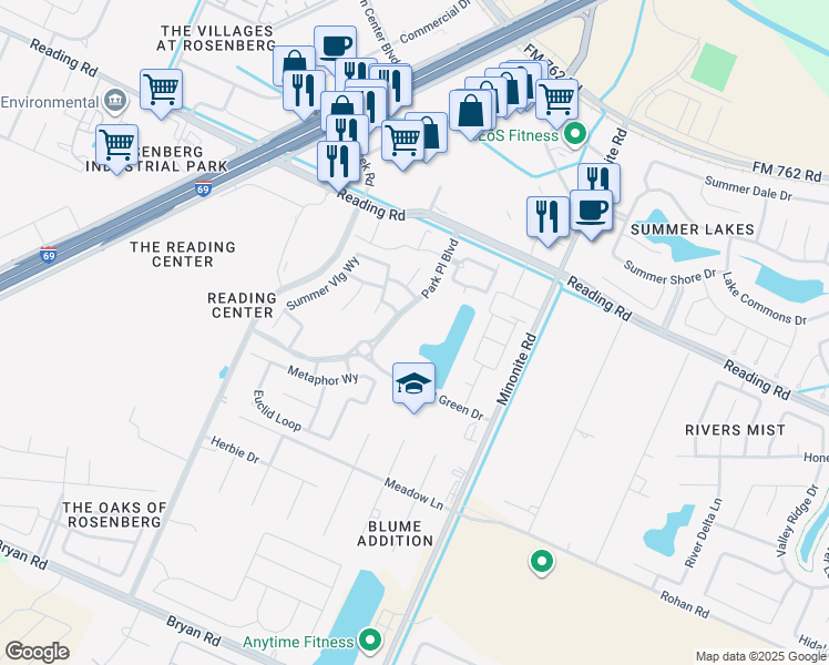 map of restaurants, bars, coffee shops, grocery stores, and more near 905 Park Place Boulevard in Rosenberg