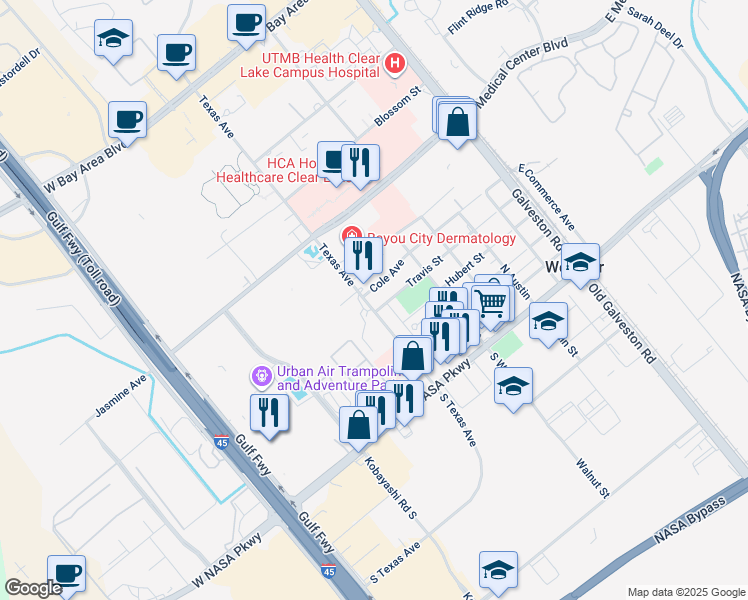 map of restaurants, bars, coffee shops, grocery stores, and more near 508 North Texas Avenue in Webster