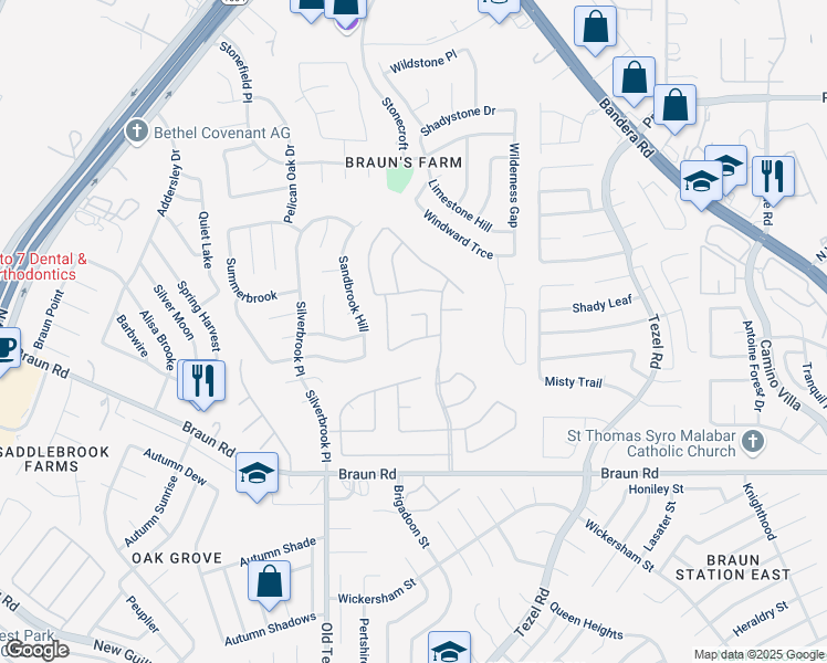 map of restaurants, bars, coffee shops, grocery stores, and more near 7 Cove Creek Drive in San Antonio