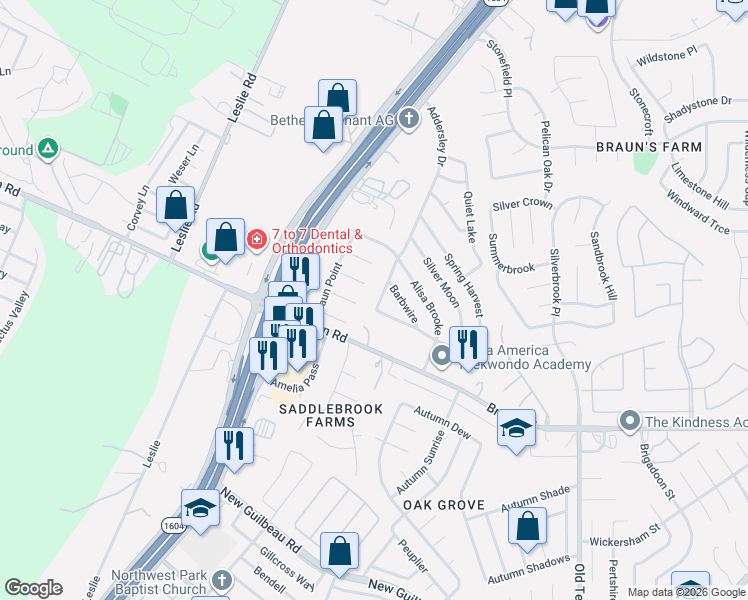 map of restaurants, bars, coffee shops, grocery stores, and more near 9618 Addersley Drive in San Antonio