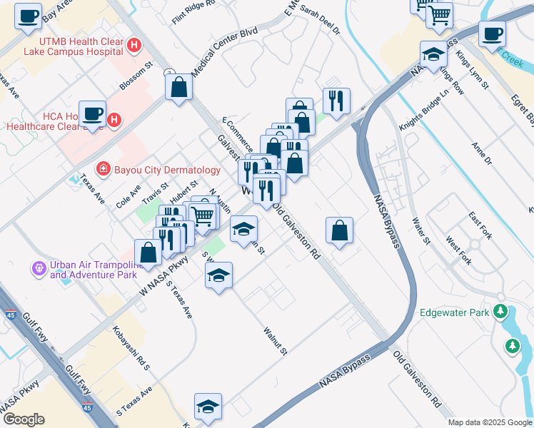 map of restaurants, bars, coffee shops, grocery stores, and more near 106 South Houston Street in Webster