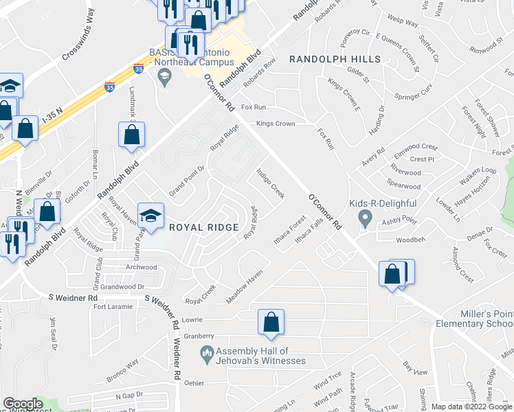 map of restaurants, bars, coffee shops, grocery stores, and more near 6318 Royal Ridge in San Antonio