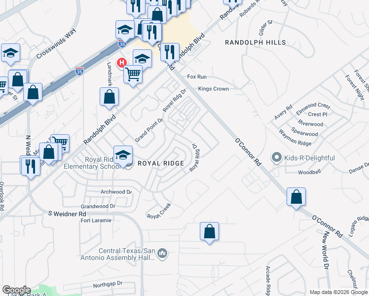 map of restaurants, bars, coffee shops, grocery stores, and more near 6138 Royal Breeze in San Antonio