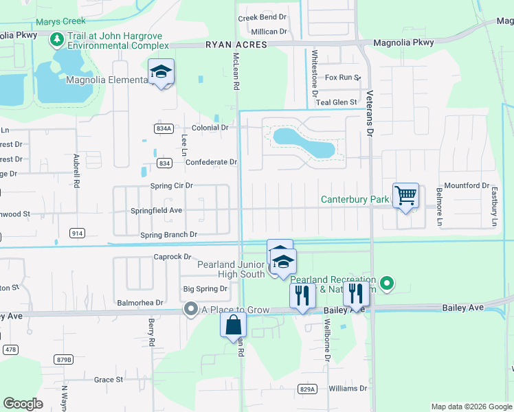 map of restaurants, bars, coffee shops, grocery stores, and more near 3915 Ivywood Drive in Pearland
