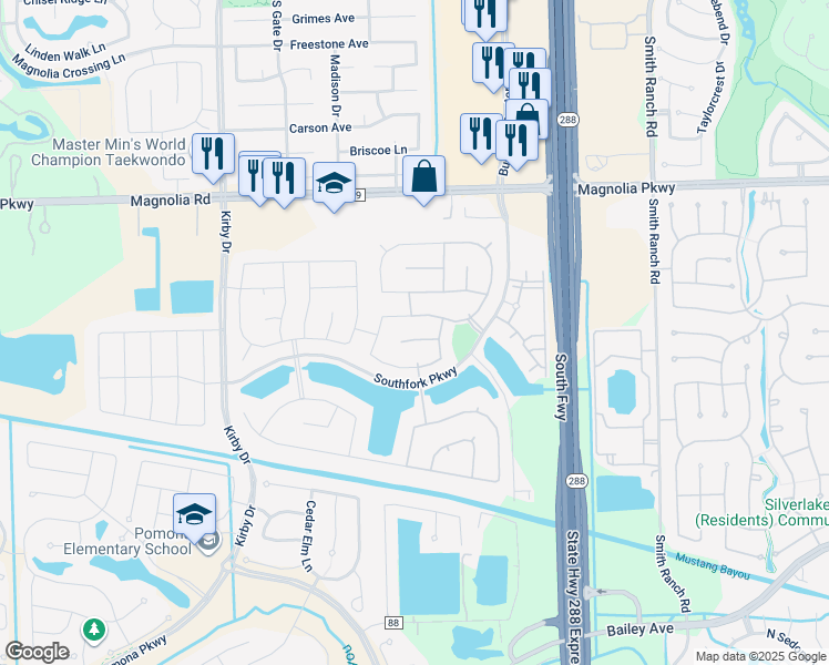 map of restaurants, bars, coffee shops, grocery stores, and more near 3019 Derrick Court in Manvel
