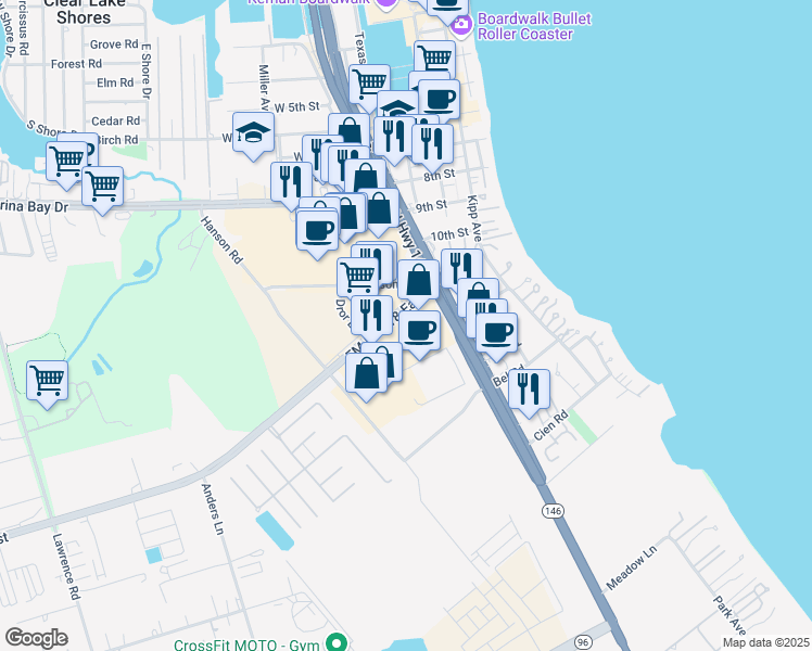 map of restaurants, bars, coffee shops, grocery stores, and more near 155 Fm 518 Road in Kemah