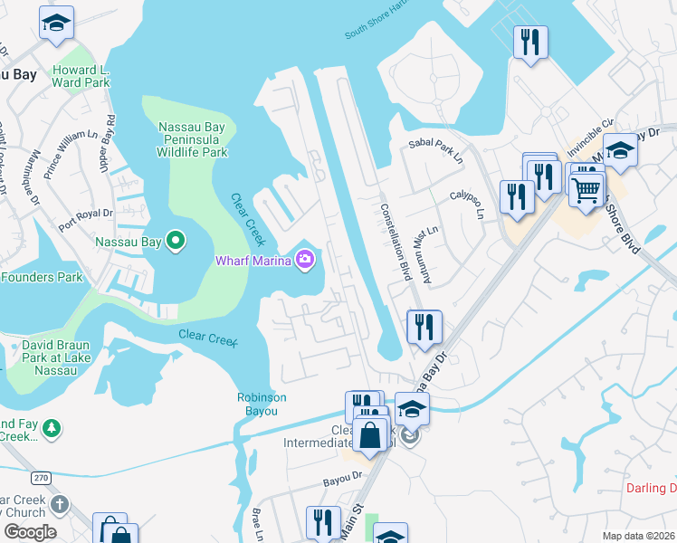 map of restaurants, bars, coffee shops, grocery stores, and more near 2402 Intrepid Way in League City