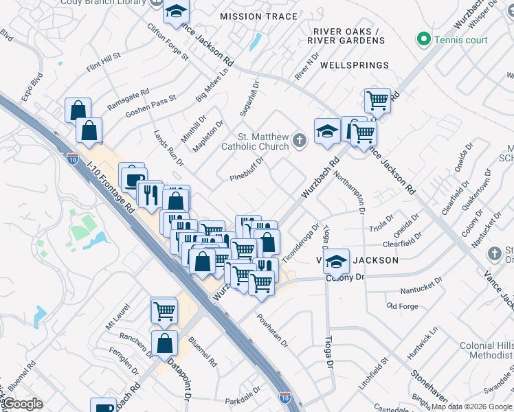 map of restaurants, bars, coffee shops, grocery stores, and more near 10402 Apple Gate Drive in San Antonio
