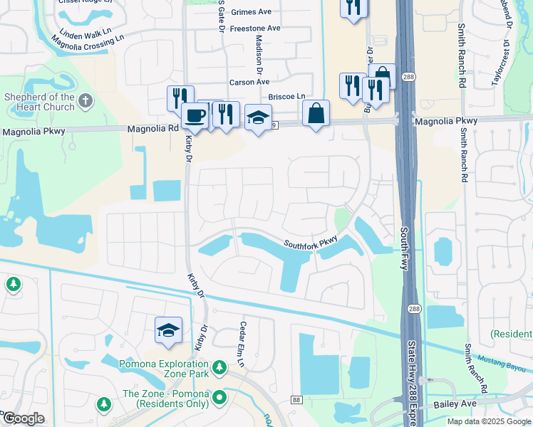 map of restaurants, bars, coffee shops, grocery stores, and more near 3514 Ross Ln in Manvel