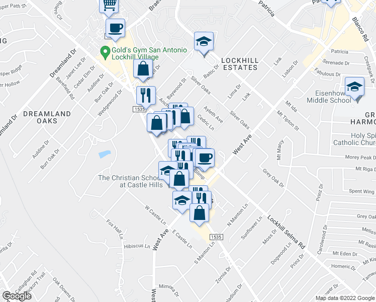 map of restaurants, bars, coffee shops, grocery stores, and more near 1842 Lockhill Selma Road in Castle Hills