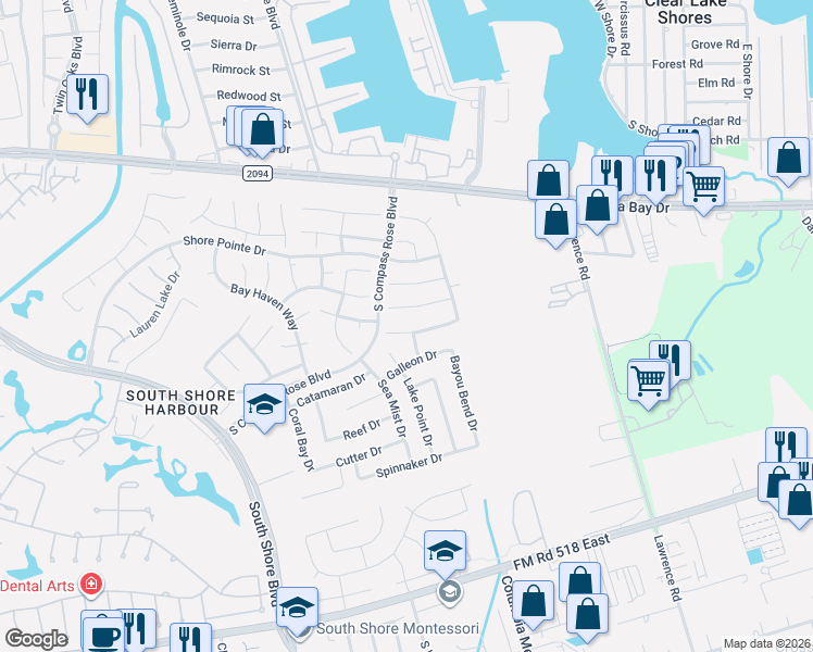 map of restaurants, bars, coffee shops, grocery stores, and more near 2108 Autumn Cove Drive in League City