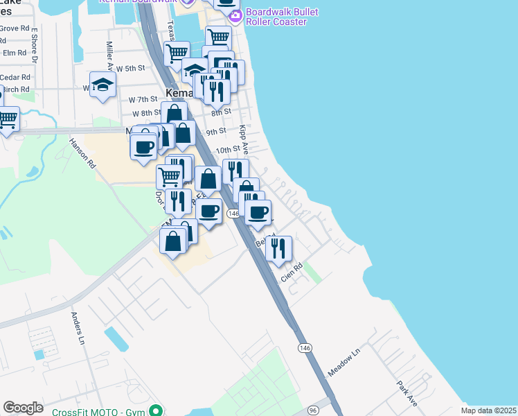 map of restaurants, bars, coffee shops, grocery stores, and more near 1339 Texas 146 in Kemah