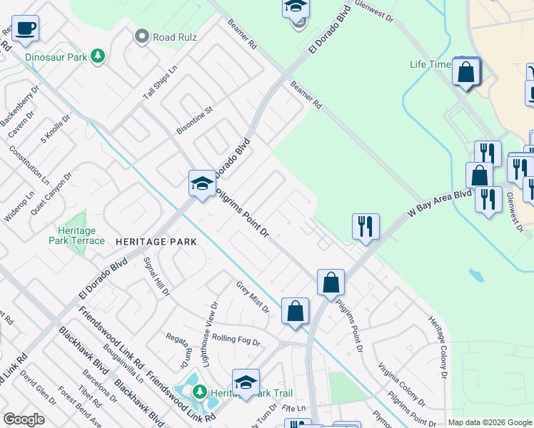 map of restaurants, bars, coffee shops, grocery stores, and more near 2403 Whitman Way Drive in Friendswood