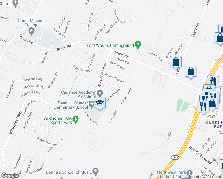 map of restaurants, bars, coffee shops, grocery stores, and more near 10314 Wild Rose Bay in San Antonio