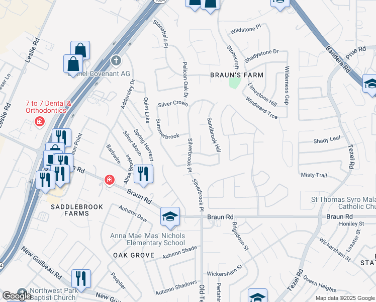 map of restaurants, bars, coffee shops, grocery stores, and more near 9503 Winding Elm Place in San Antonio