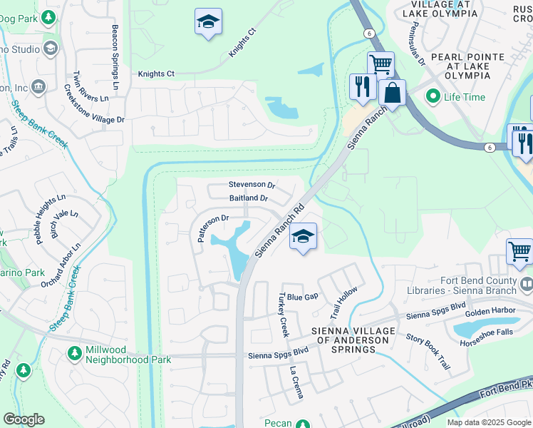 map of restaurants, bars, coffee shops, grocery stores, and more near 6254 Ledger Lane in Missouri City