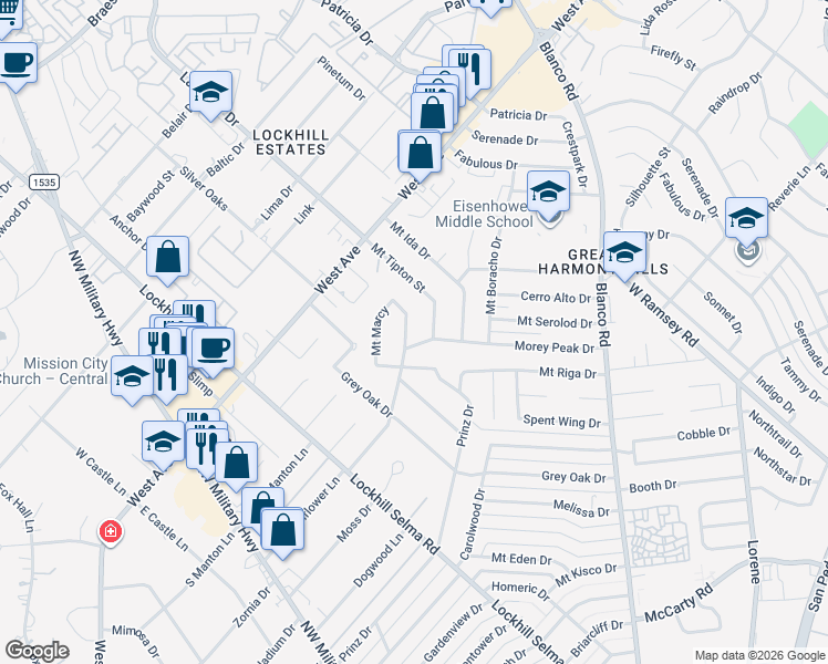 map of restaurants, bars, coffee shops, grocery stores, and more near 10502 Sunflower Lane in San Antonio