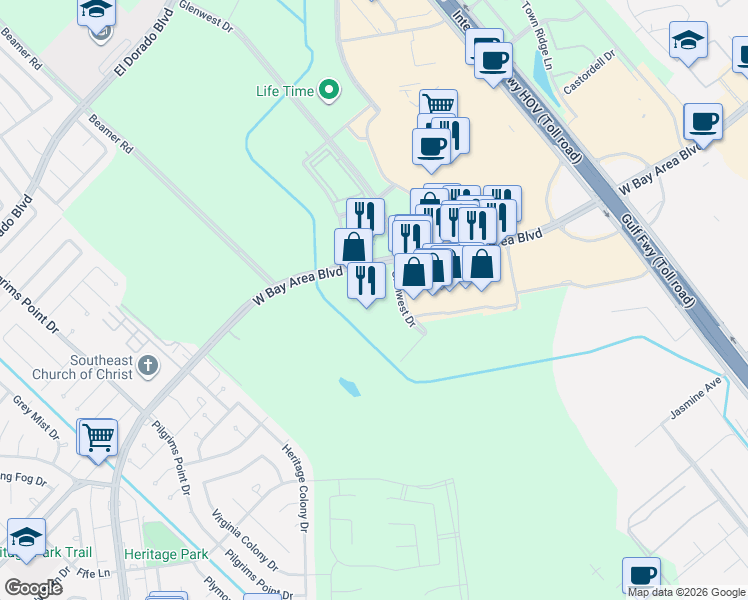 map of restaurants, bars, coffee shops, grocery stores, and more near Bay Area Blvd in Houston