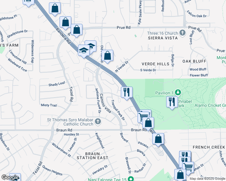 map of restaurants, bars, coffee shops, grocery stores, and more near 9606 Tranquil Park Drive in San Antonio