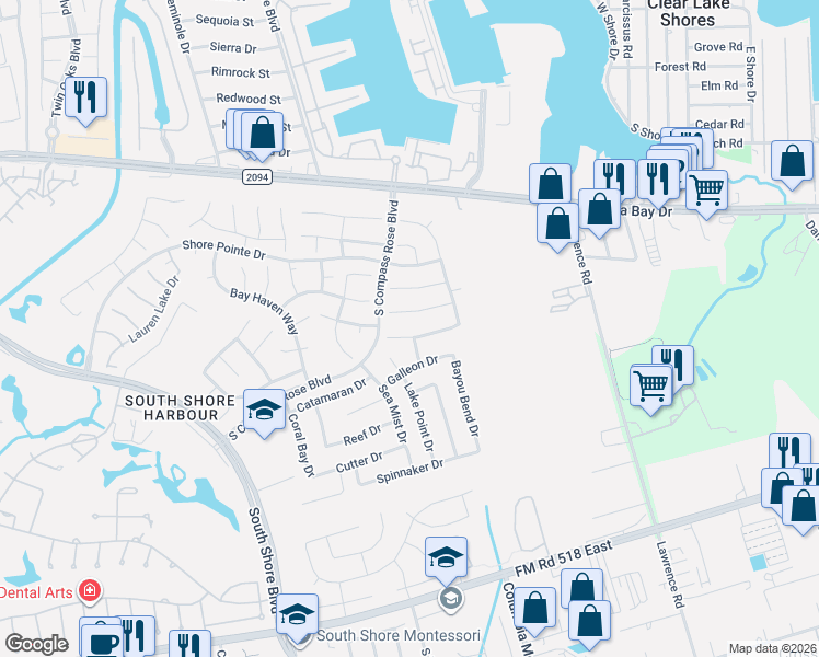 map of restaurants, bars, coffee shops, grocery stores, and more near 2108 Autumn Cove Drive in League City