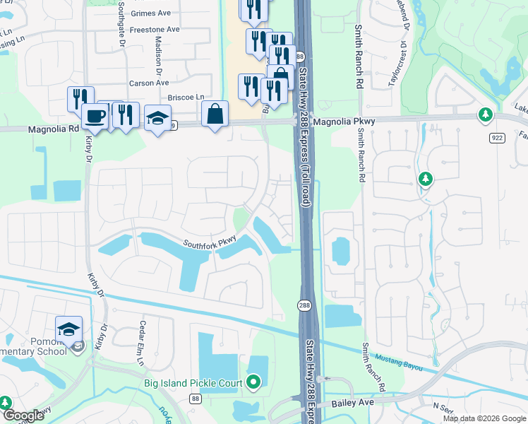 map of restaurants, bars, coffee shops, grocery stores, and more near 3382 Southfork Parkway in Manvel