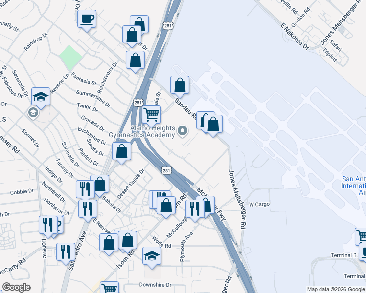 map of restaurants, bars, coffee shops, grocery stores, and more near 12474 Starcrest Drive in San Antonio