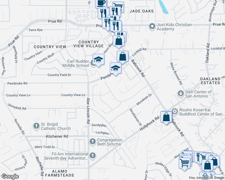 map of restaurants, bars, coffee shops, grocery stores, and more near 6502 Pemwoods in San Antonio