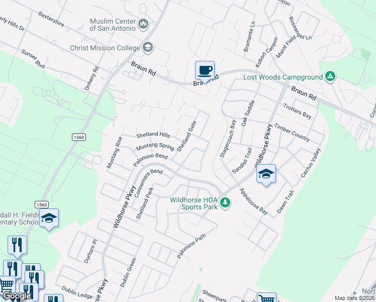map of restaurants, bars, coffee shops, grocery stores, and more near 10002 Shetland Gate in San Antonio