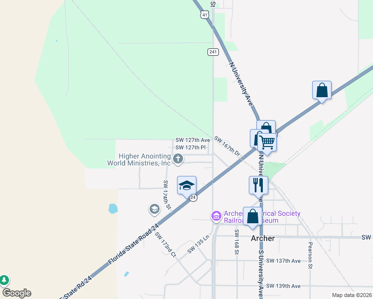 map of restaurants, bars, coffee shops, grocery stores, and more near 17229 Southwest 127th Place in Archer